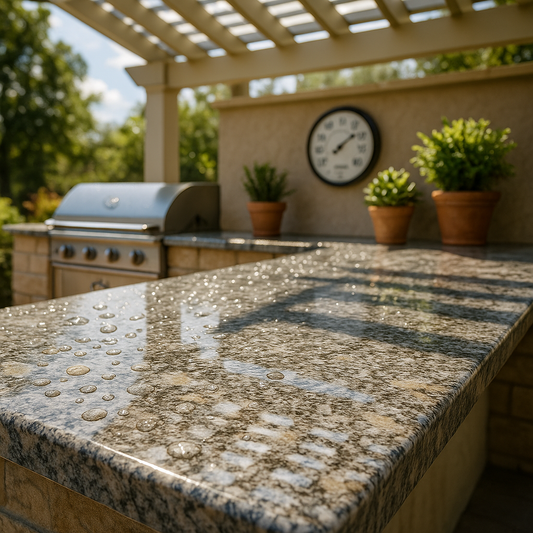 Polished granite and quartzite outdoor countertop resisting sun, rain, and UV exposure