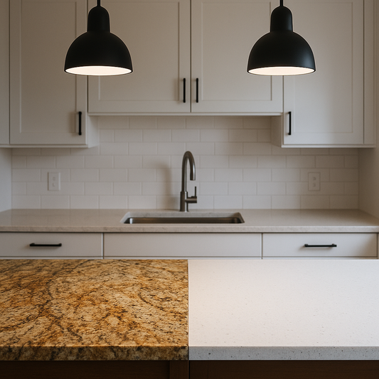 Modern kitchen featuring natural granite countertop on one side and a sleek engineered quartz countertop on the other under pendant lights