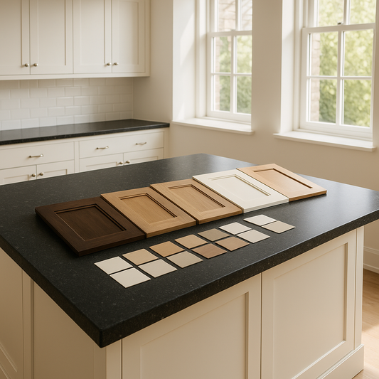 Showroom countertop slab surrounded by cabinet and paint samples