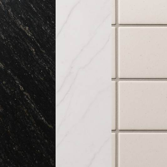 Kitchen countertop divided into three sections showing black cosmic granite, large-format porcelain slab, and tiled surface with grout lines