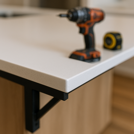 Close-up of a white porcelain countertop edge showing reinforced underlayment and support bracket