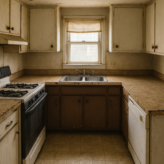 Outdated kitchen with worn laminate countertops and mismatched cabinets pre-renovation