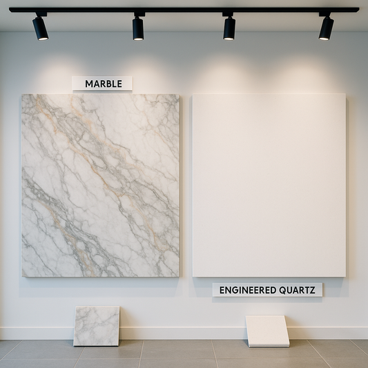 Showroom display of natural marble slab with gray veining next to uniform white engineered quartz slabs