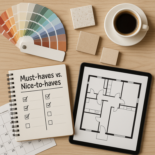 Overhead shot of project planning workspace with material samples, checklist notepad, and digital floor plan
