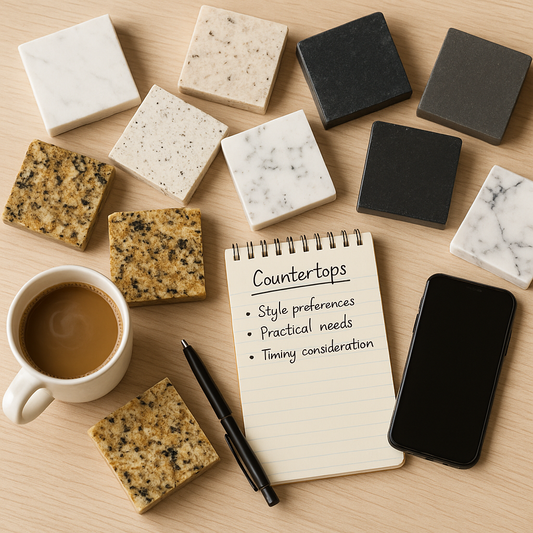 Overhead view of countertop material swatches, notepads, and a coffee cup on a wooden table