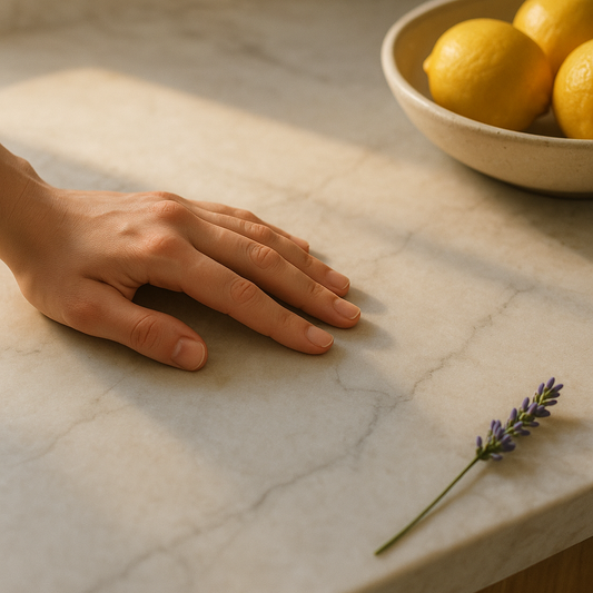 Close-up of hand feeling honed marble countertop texture with subtle veins under soft light