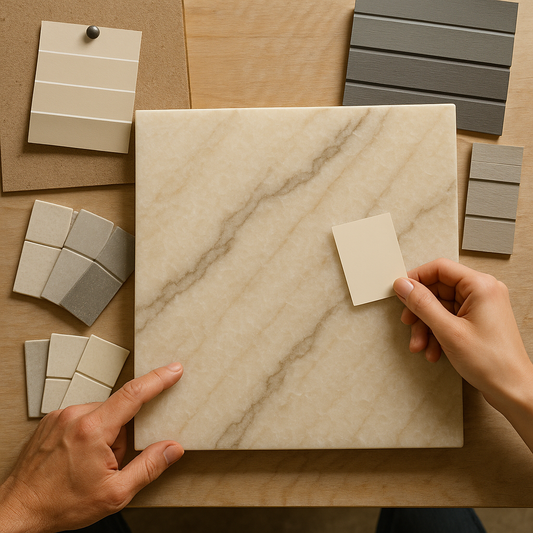 Granite slab surrounded by paint chips, tile samples, and outdoor panel swatches laid out for color coordination