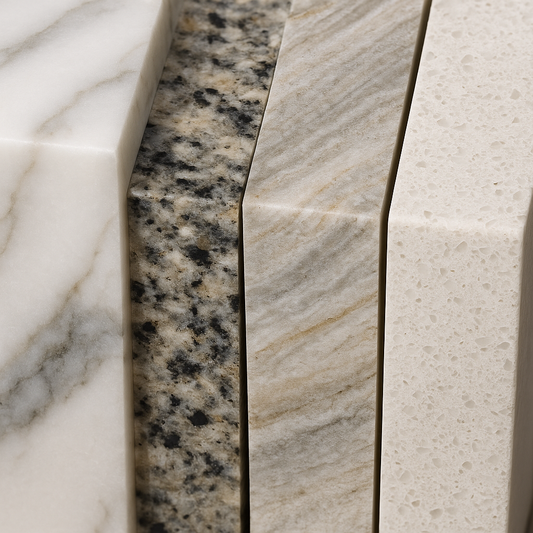 Close-up cross sections of marble, granite, quartzite, and engineered quartz showing distinct mineral grains and resin patterns