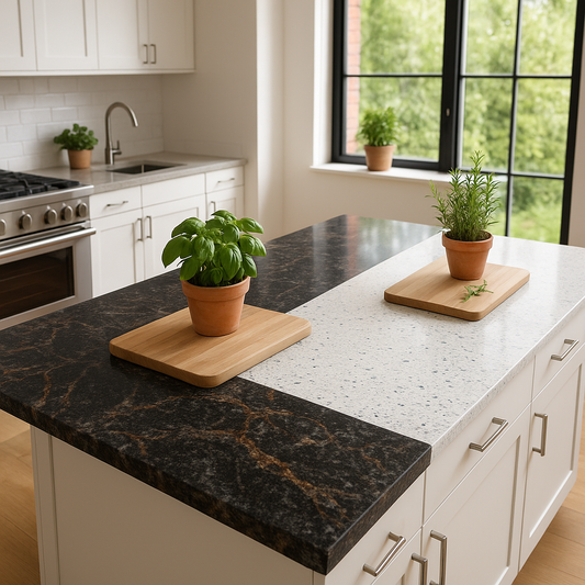 Modern kitchen island countertop split down the middle, left side in polished granite and right side in speckled recycled-glass eco-surface