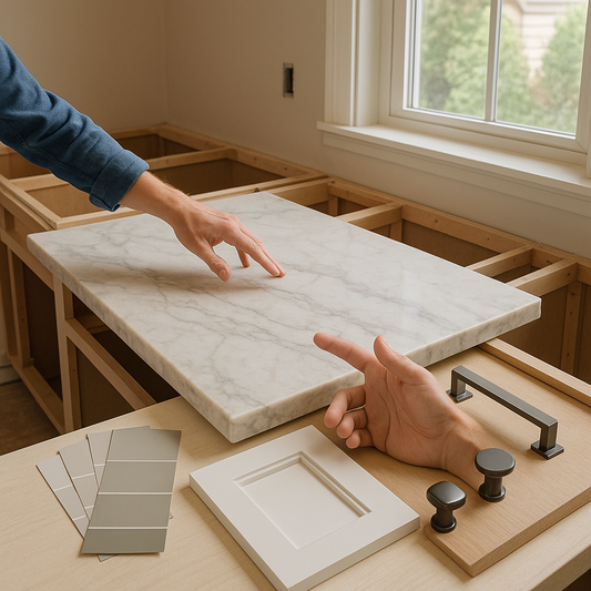 Designer examining a marble countertop slab laid across cabinet frames with paint and hardware samples