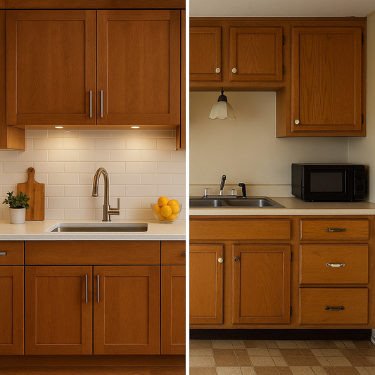 Split-view kitchen showing cohesive modern design on the left and mismatched floor, countertop, and fixtures on the right