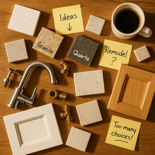 Cluttered kitchen inspiration board with countertop samples, plumbing fixtures, and mood swatches