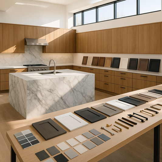 Bright modern kitchen with large natural stone countertop on display and material samples on a nearby table