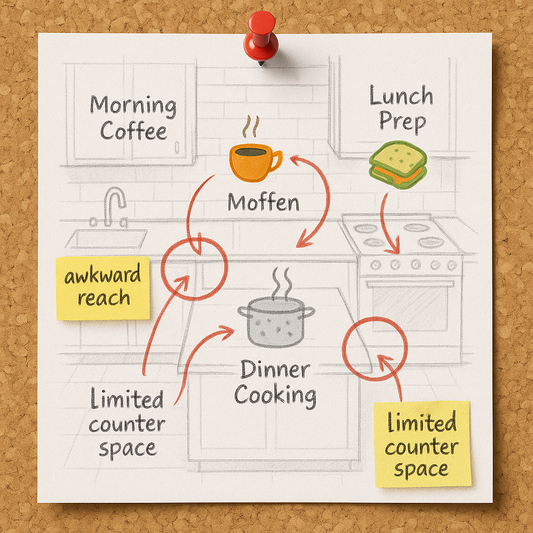 Hand-drawn kitchen floor plan with icons for coffee, lunch, dinner and circled problem areas