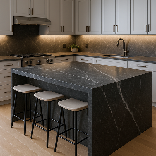 Close-up of a charcoal granite island countertop with bold white veining, paired with neutral cabinetry and bronze hardware
