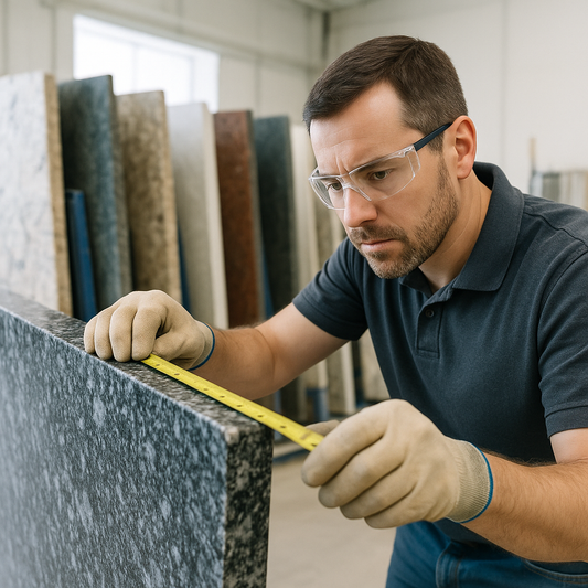 Stone fabricator examining a granite slab in a workshop