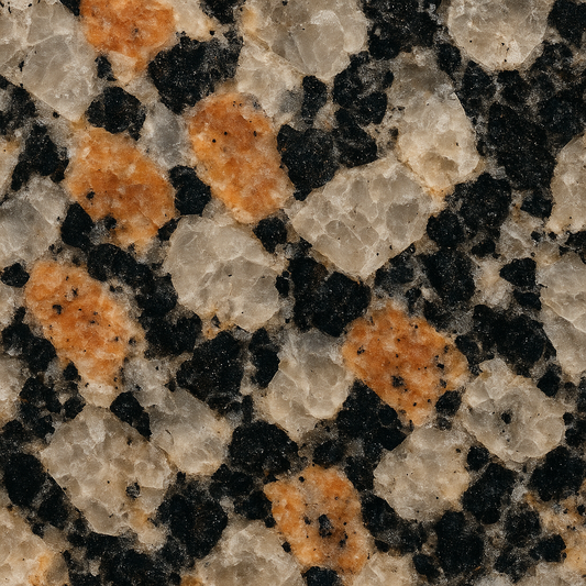 Microscopic view of interlocking colorful mineral grains in a natural stone slab