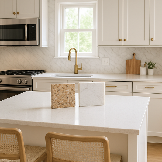 Modern kitchen island with granite and quartzite sample slabs displayed side by side