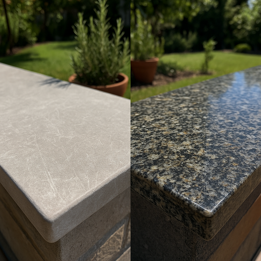 Faded, cracked quartz countertop side by side with intact granite slab under bright sun