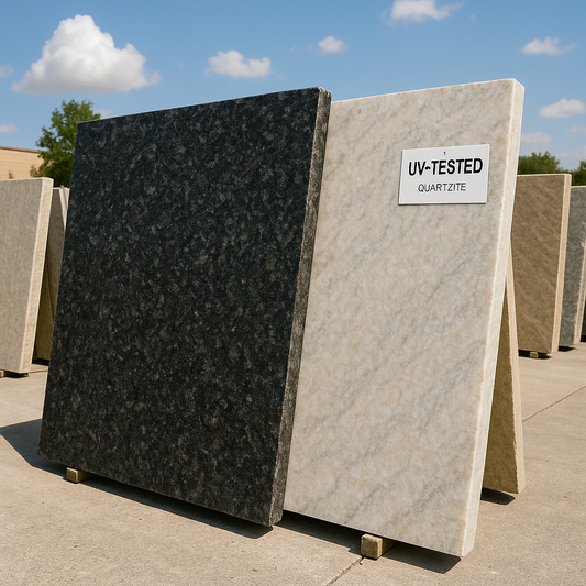 Selection of natural stone slabs including Brazilian granite and UV-tested quartzite arranged outdoors