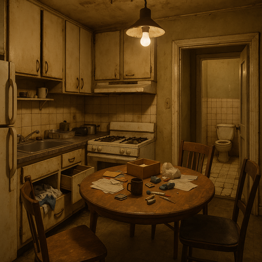 Cluttered narrow galley kitchen with a wobbly dining table, worn cabinets, cracked tiles and dim hanging light
