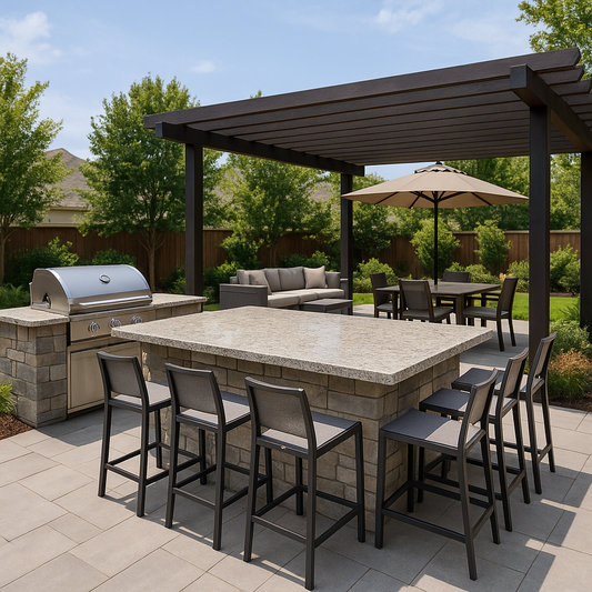 Spacious outdoor living area with a central stone countertop defining cooking, dining, and lounge zones