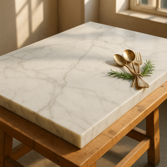Close-up of a honed Carrara marble slab with soft grey veins, styled with brass utensils and a rosemary sprig