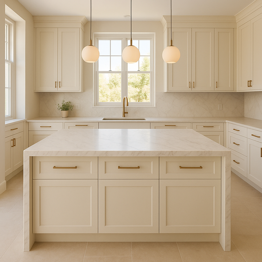 Bright kitchen showcasing a honed Calacatta marble island that anchors surrounding cabinetry and fixtures