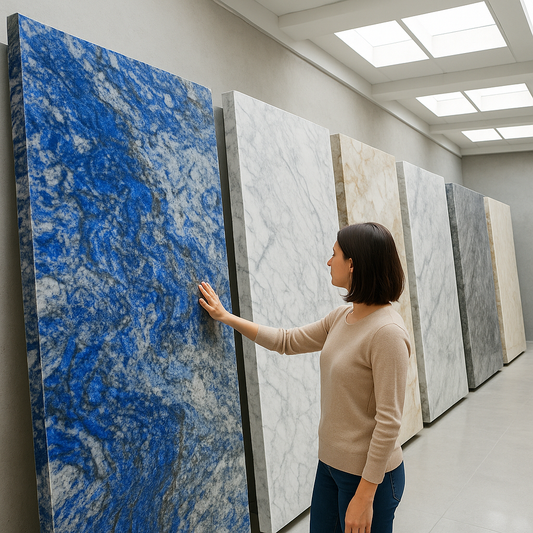 Retail showroom with an array of full-size granite and quartz slabs displayed vertically against a back wall