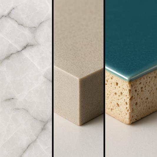 Close-up comparison of marble, porcelain, and ceramic tile cross-sections showing distinct textures