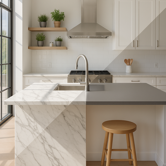 Bright kitchen island that transitions from white marble to grey engineered quartz under natural light