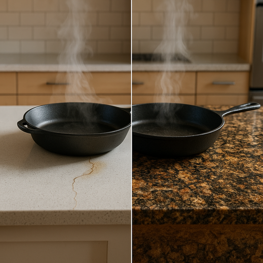 Side-by-side kitchen countertops showing a cracked quartz surface under a hot pan and an intact granite slab resisting heat