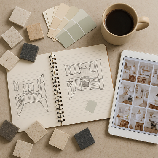 A kitchen design moodboard with color swatches, countertop samples, and a coffee cup