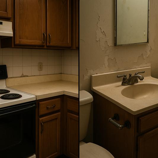 Dated kitchen and bathroom counters with worn laminate surfaces and outdated fixtures awaiting renovation
