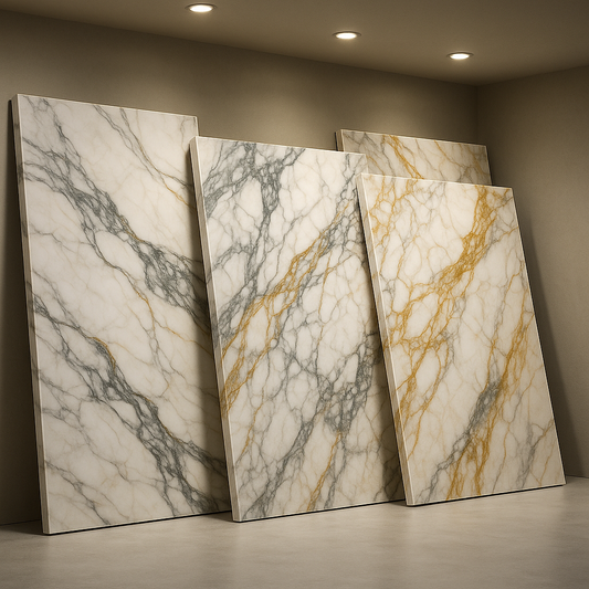 Close-up view of natural stone slabs showcasing distinctive vein patterns in granite, marble, and quartzite