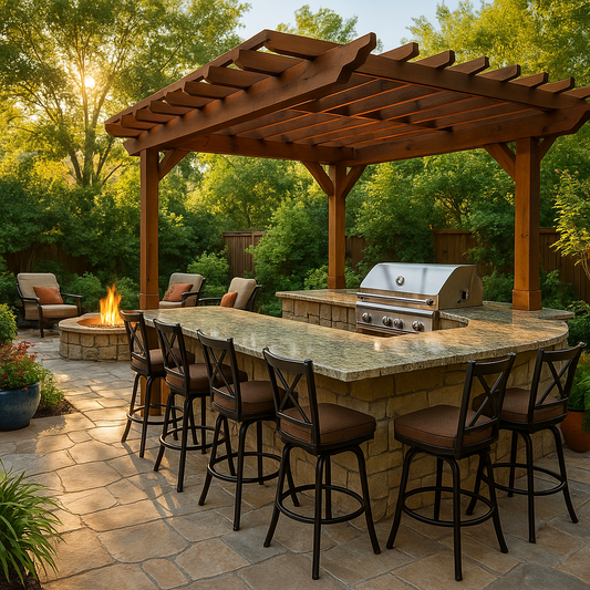 Open-air kitchen and lounge with granite countertop, built-in grill, and stone fire feature under a pergola