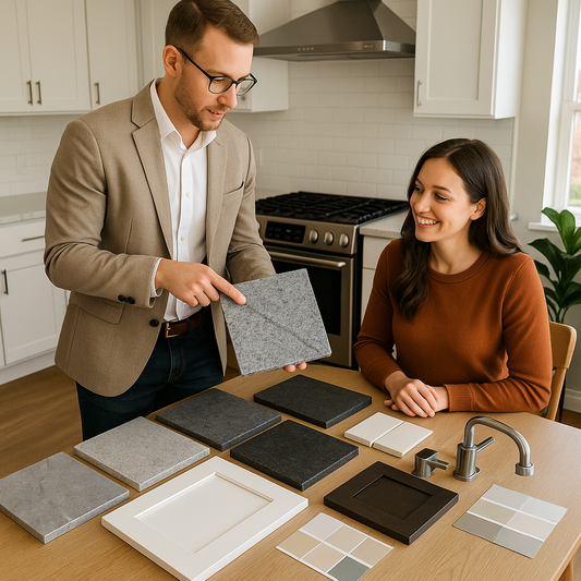 Designer and homeowner comparing large stone countertop samples, paint chips, and fixtures at a bright kitchen table