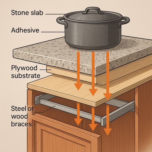 Cutaway diagram of countertop slab supported by engineered cabinets and bracing distributing weight evenly