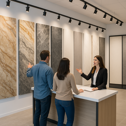 Interior stone showroom wall featuring large-format quartzite and porcelain slab samples in varied colors and veining