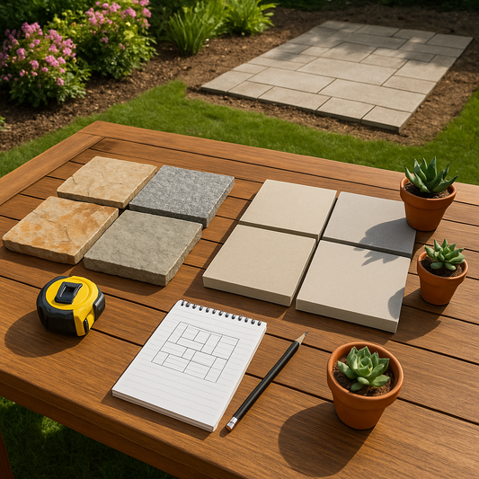 Outdoor patio planning table with natural stone and porcelain paver samples side by side