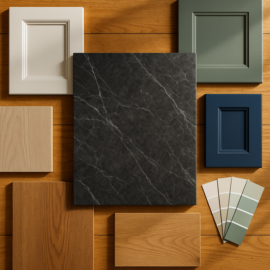 Kitchen design moodboard with countertop slab sample surrounded by cabinet and flooring swatches