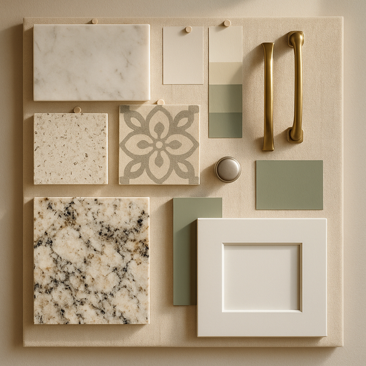Mood board with paint chips, stone and tile samples, and cabinet swatches pinned on a corkboard