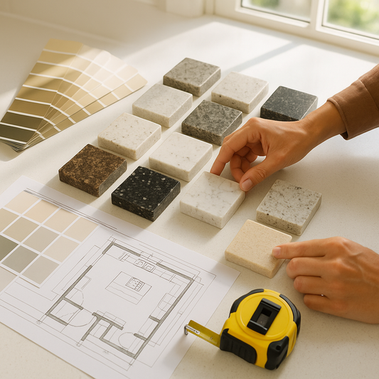Designer’s workspace with countertop samples, color swatches, and kitchen layout plans spread across a countertop