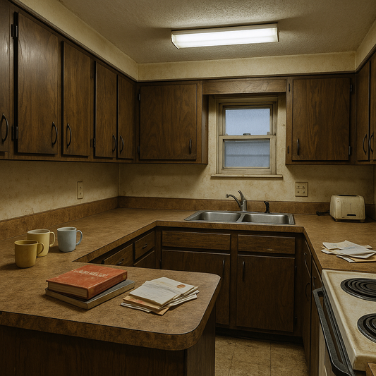 Dated kitchen with old laminate countertops and wood cabinets before renovation