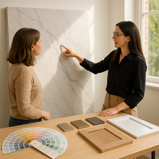 Designer examining a large honed quartzite slab indoors with paint swatches and faucet finish samples laid out nearby