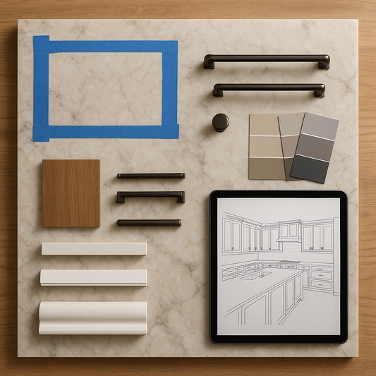 Designer’s kitchen planning board with stone sample, hardware swatches, and digital floorplan