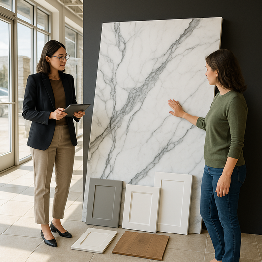 Designer examining a large white marble slab with bold gray veining displayed upright in a bright stone showroom