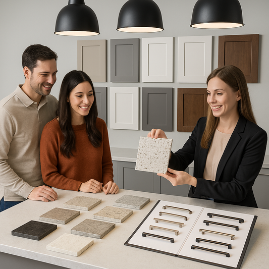 Designer and homeowners assessing marble countertop samples against cabinet and lighting mockups