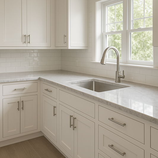 Modern kitchen showcasing cohesive design with a marble countertop coordinating cabinets and subway tile