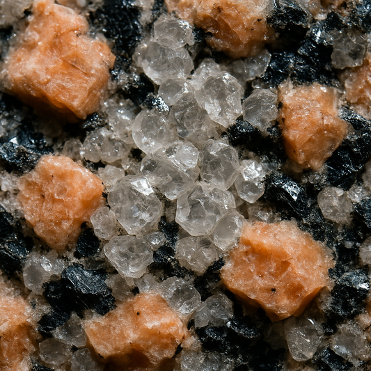 Magnified view of interlocking quartz, feldspar, and mica crystals in a granite slab